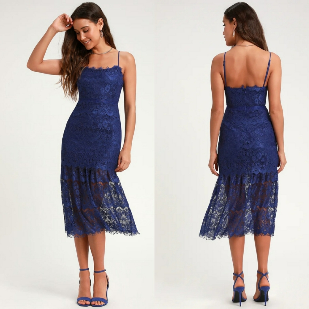 Lulus Wagner Royal Blue Lace Sleeveless Midi Dress